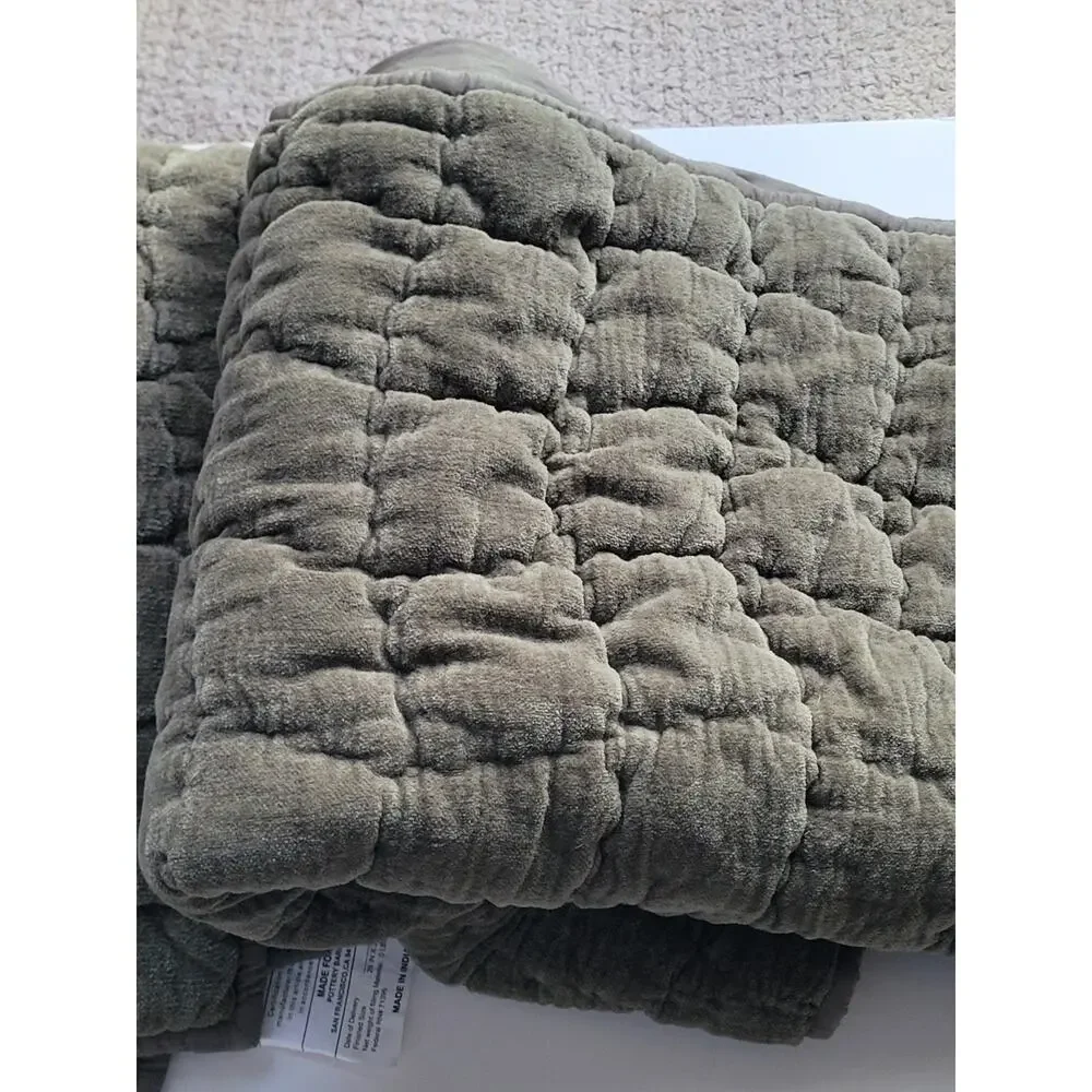 Pottery Barn Green Velvet Embroidered Shams Pair
